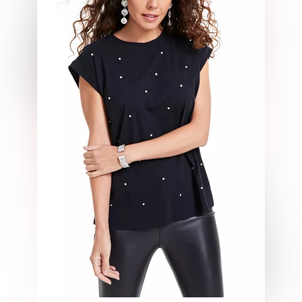 INC International Concepts Black Studded Short Sleeve Top